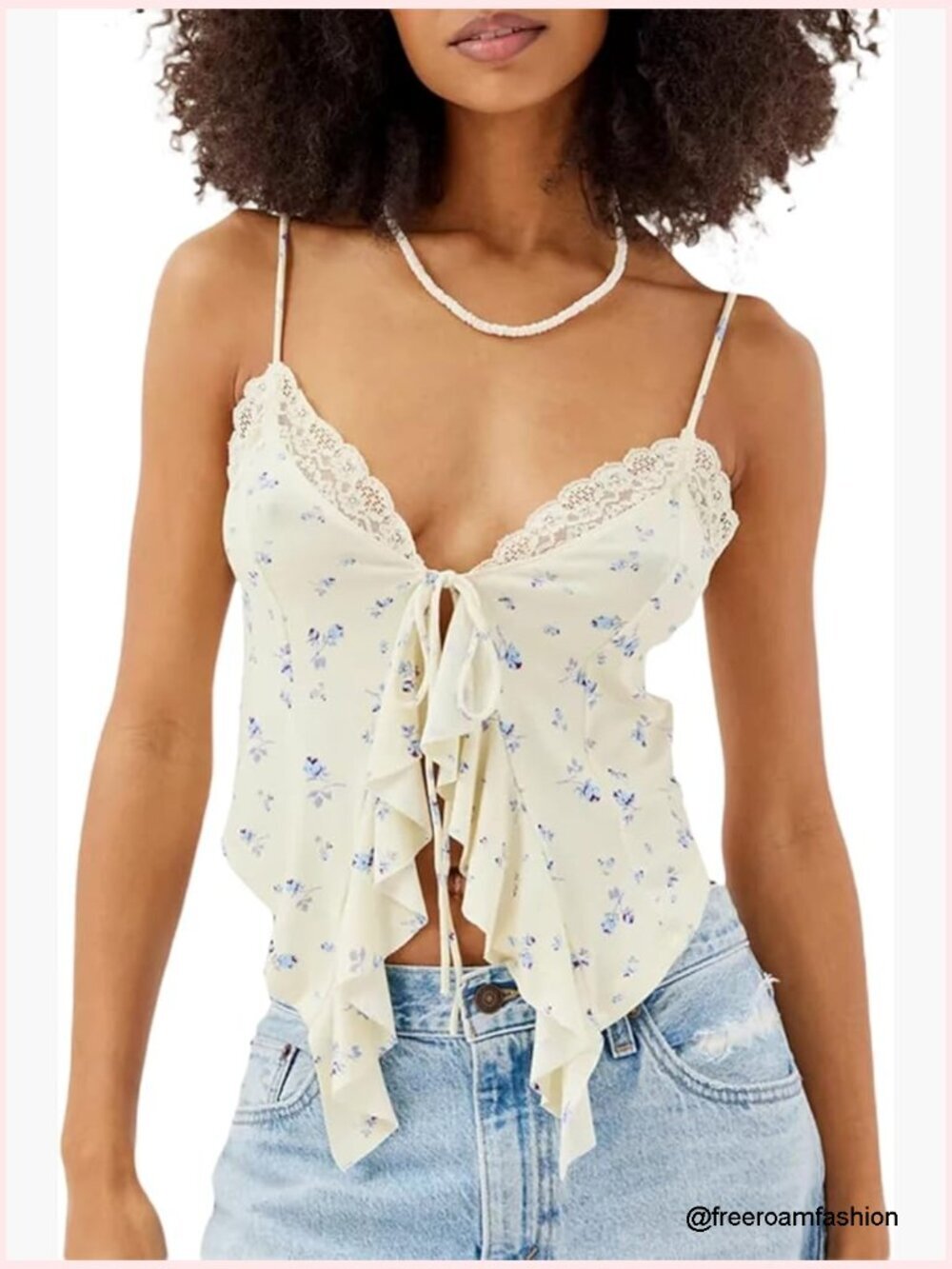 Sleeveless V Neck Lace Trim Crop Camisole Tie Up Summer Top